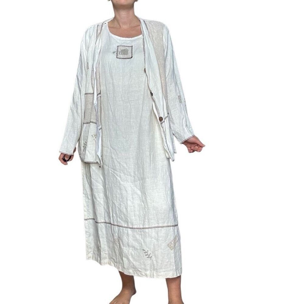 Vintage On The Rocks Off White Linen Shift Dress Jacket Set Size XL Hippie